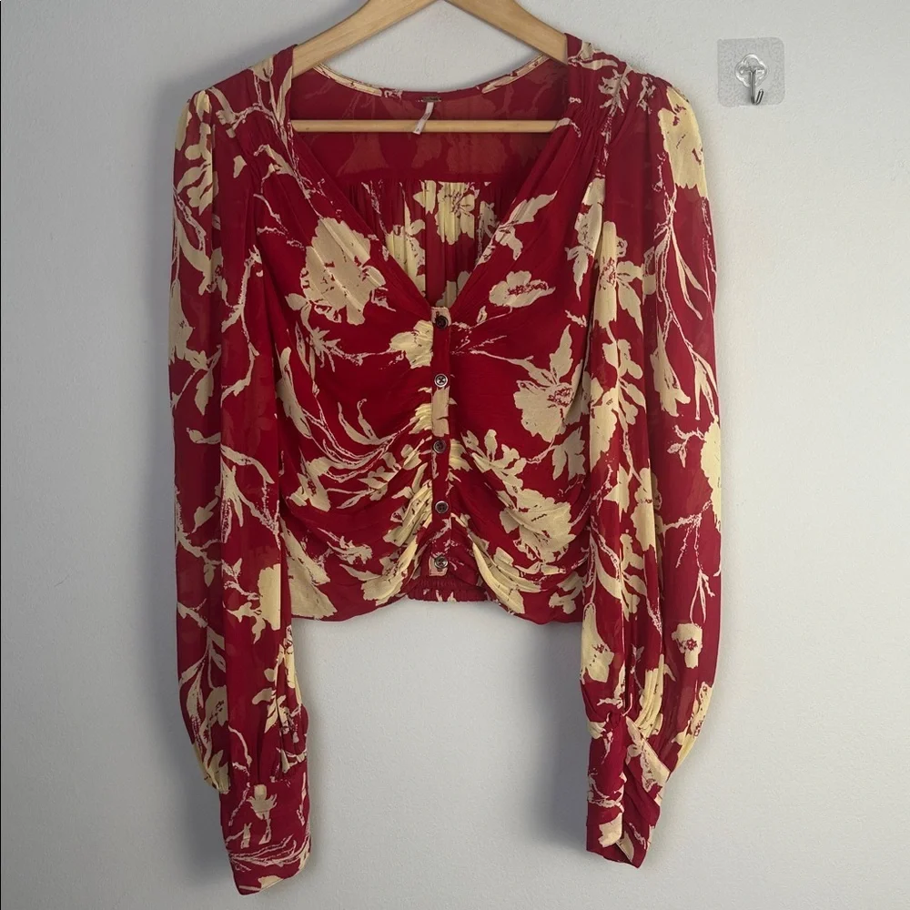 Free People Red Floral New Final Rose Cropped Shirred Blouse SM Long Sleeve Top